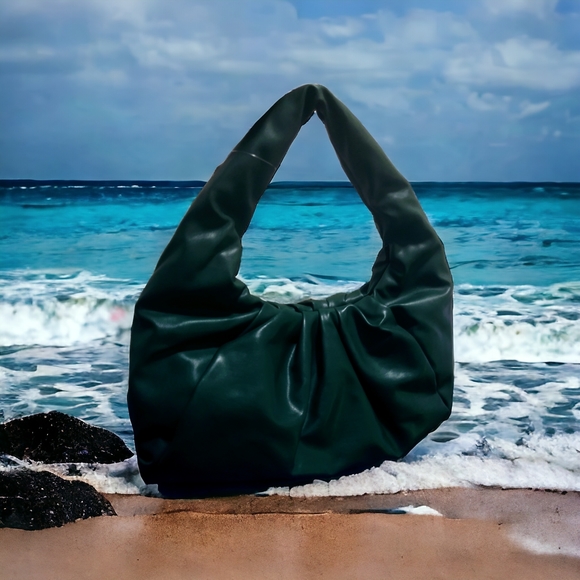 Hunter Green Large Slouchy Vegan Leather Hobo and Tote Bag, CLASSIC Style - Picture 2 of 3